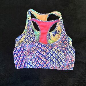 Lilly Pulitzer Luxletic Sports Bra Set 2pc Medium Blue Pink Floral Geometric M